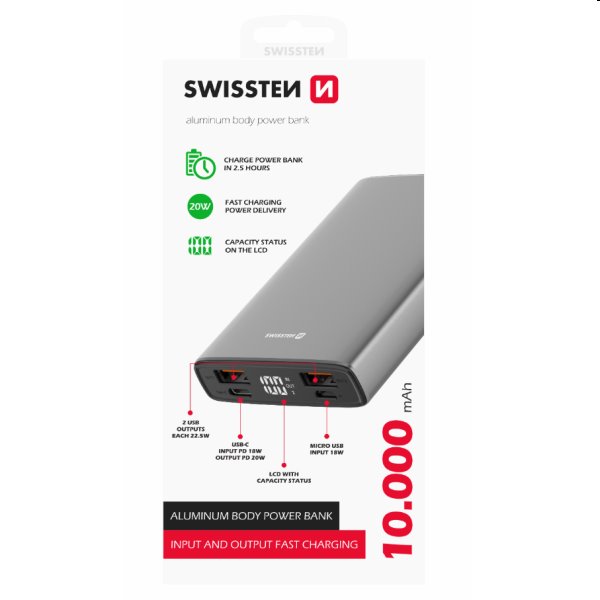 Swissten Aluminum powerbanka 10 000 mAh 20 W, PD, šedá 22013915