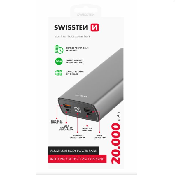 Swissten Aluminum powerbanka 20 000 mAh 20 W, PD, šedá 22013916