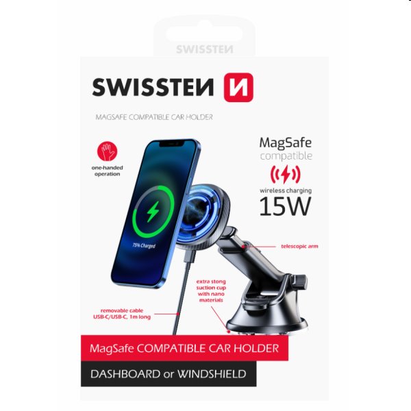 Swissten magnetický držiak do auta s bezdrôtovým nabíjaním (MagSafe), 15W 65010610
