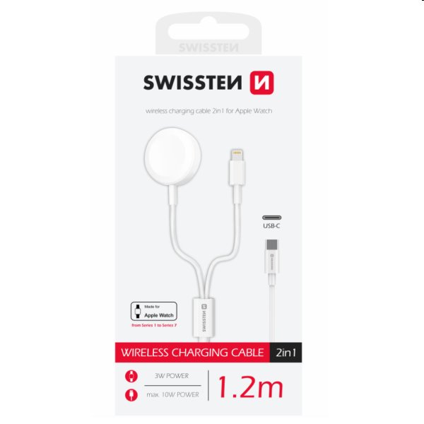 Swissten Nabíjací magnetický kábel 2v1 pre Apple Watch a Lightning 1,2 m, biely