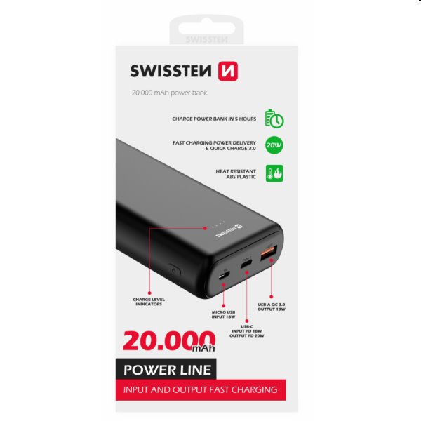 Swissten Power Line Powerbank 20 000 mAh 20W, PD, čierna