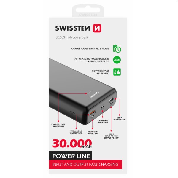 Swissten Power Line Powerbank 30 000 mAh 20W, PD, čierna