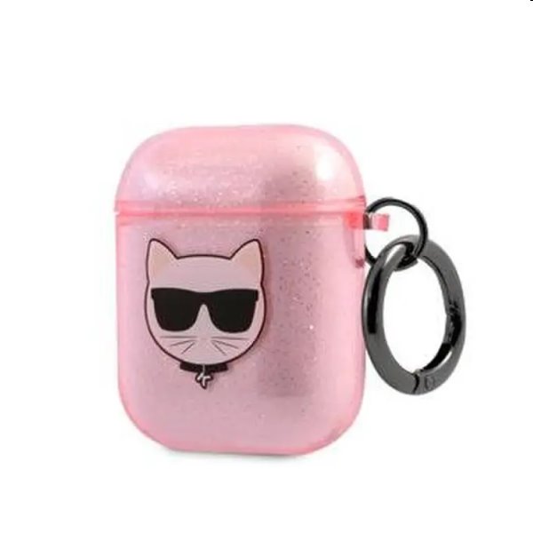 Karl Lagerfeld TPU Glitter Choupette Head obal pre Apple Airpods 1/2, ružový
