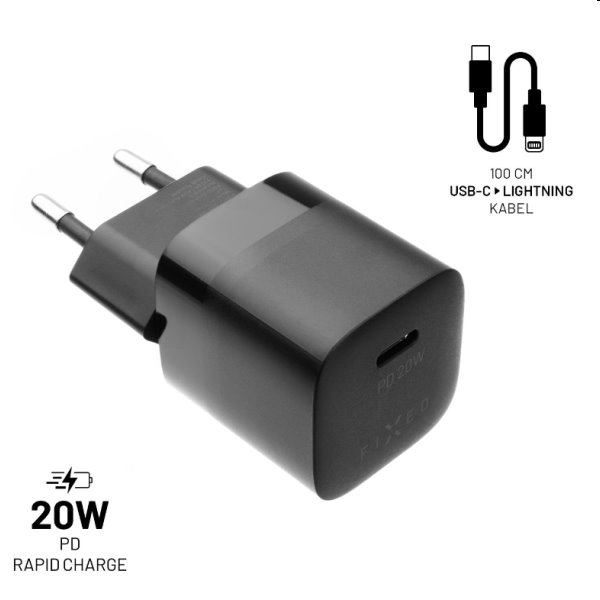 FIXED Set Sieťová mini nabíjačka s USB-C výstupom a USB-C/Lightning MFI kábel 1 m, PD, 20 W, čierna