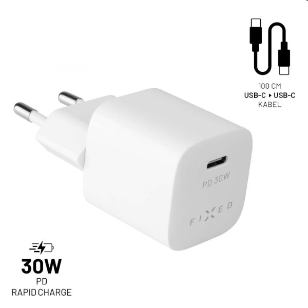 FIXED Set Sieťová mini nabíjačka s USB-C výstupom a USB-C/USB-C kábel, 1 m, PD, 30 W, biela