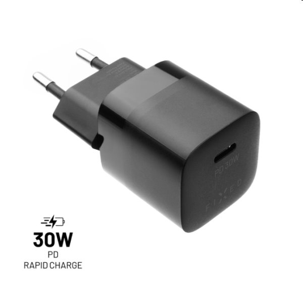 E-shop FIXED Sieťová mini nabíjačka USB-C, PD, 30 W, čierna FIXC30M-C-BK