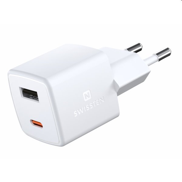 Mini Adaptér Swissten GaN 1 x USB-C a 1 x USB 30 W, PD, biela 22056100