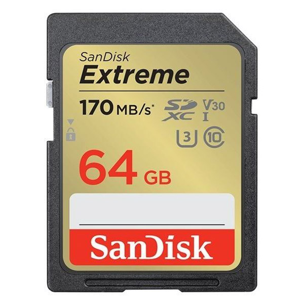SanDisk Extreme SDXC 64 GB 170 MBs V30 UHS-I U3 SDSDXV2-064G-GNCIN