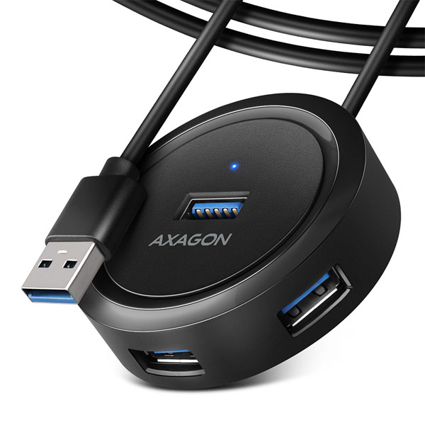 E-shop AXAGON HUE-P1AL 4x USB 3.2 Gen 1 ROUND hub, micro USB napájací konektor, 1,2m USB-A kábel HUE-P1AL