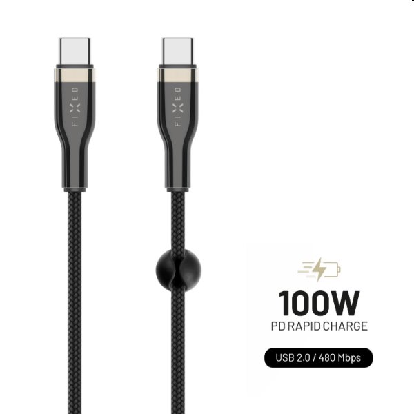 FIXED Dátový a nabíjací opletený kábel USB-C/USB-C, PD, 0,5 m, čierny