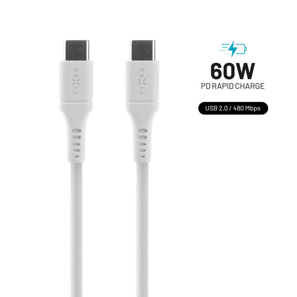 FIXED Dátový a nabíjací Liquid silicone kábel USB-C/USB-C, PD, 1,2 m, biely FIXDLS-CC12-WH