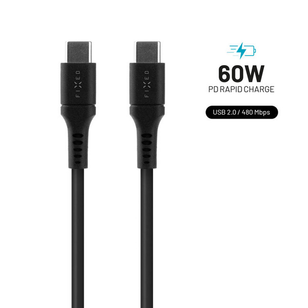 FIXED Dátový a nabíjací Liquid silicone kábel USB-C/USB-C, PD, 1,2 m, čierny FIXDLS-CC12-BK