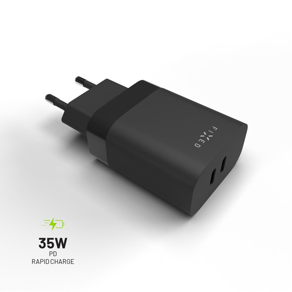 FIXED Sieťová nabíjačka s 2x USB-C, PD, 35W, čierna FIXC35-2C-BK