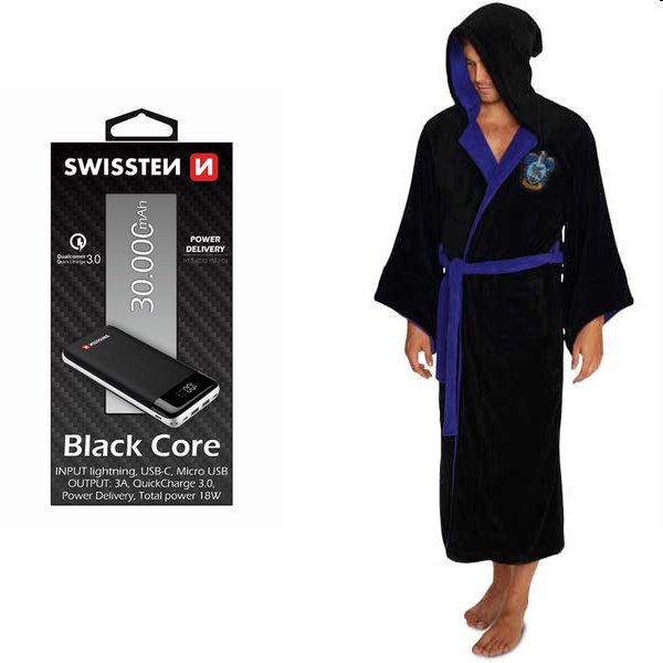 Swissten čierna Core Slim powerbanka 30000 mAh a Župan Bathrobe Ravenclaw Fleece čierna (Harry Potter)