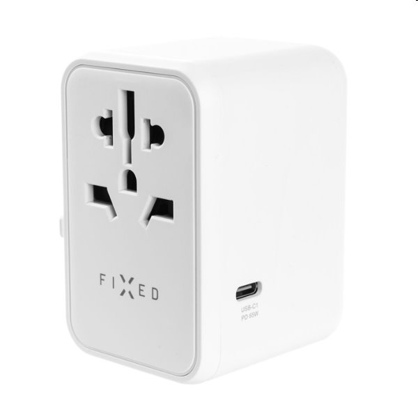 FIXED Cestovný adaptér pre EU, UK, USA/AUS s 3 x USB-C a 2 x USB výstupom, GaN, PD 65 W, biela