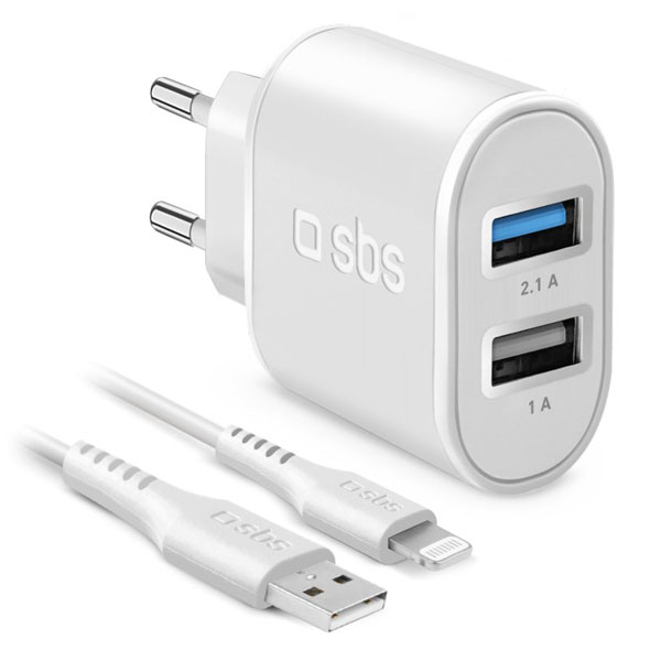 SBS Cestovná nabíjacia sada, Ultra Fast Charge, 2 x USB/Lightning MFI C-89 kábel, biela