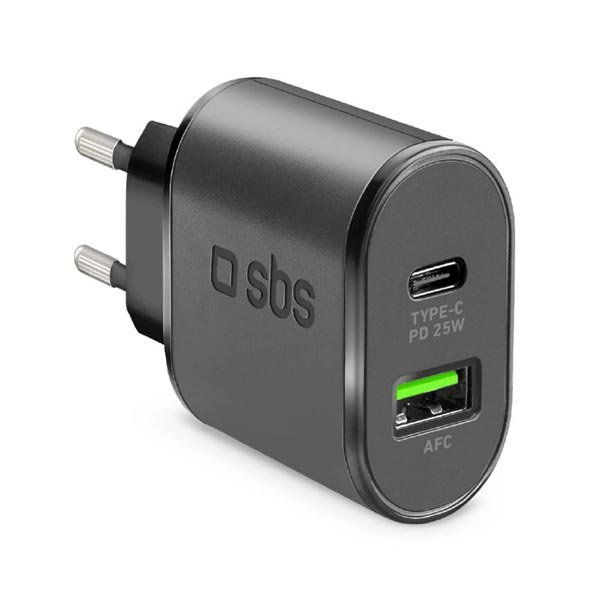 SBS Cestovný adaptér USB AFC/USB-C, PD 25W, čierna