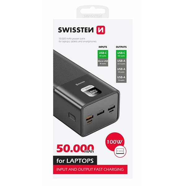 Swissten Power Line powerbanka 50000 mAh 100 W, PD, čierna Swissten Power Line powerbanka 50000 mAh 100 W, PD, čierna