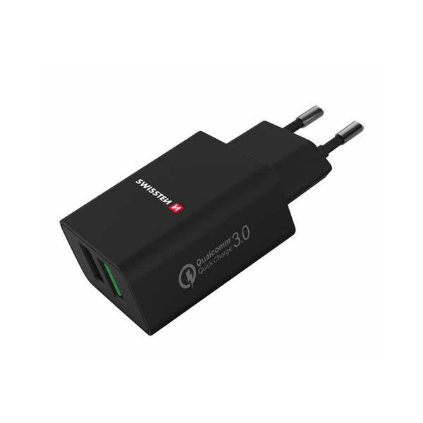 Sieťový Adaptér Swissten 2 x USB QC 3.0 a USB, 23 W, čierna