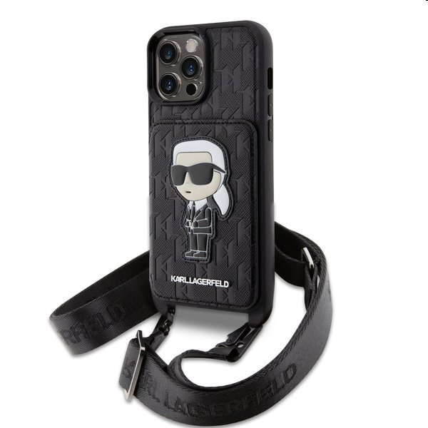 Zadný kryt Karl Lagerfeld Saffiano Monogram Crossbody Ikonik NFT s popruhom pre iPhone 14 Pro, čierna