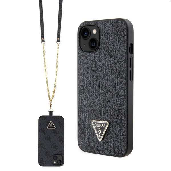 Zadný kryt Guess PU 4G Strass Triangle Metal Logo s popruhom pre iPhone 15, čierna