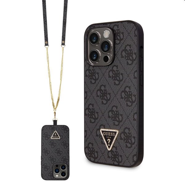 Zadný kryt Guess PU 4G Strass Triangle Metal Logo s popruhom pre iPhone 15 Pro Max, čierna 57983116657