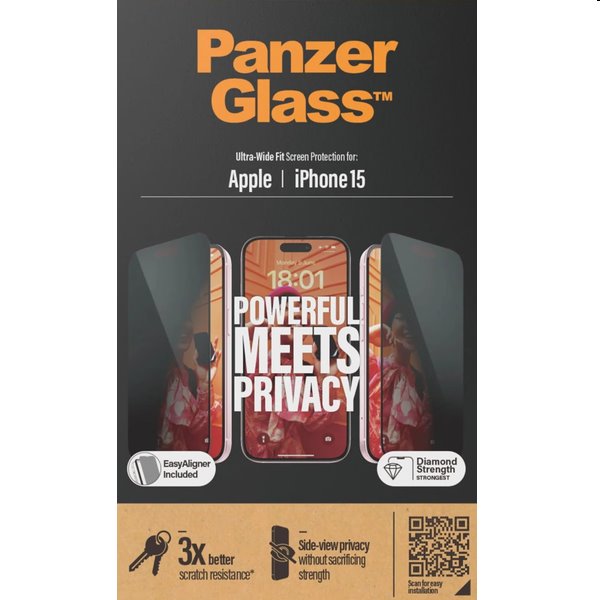 Ochranné sklo PanzerGlass UWF Privacy s aplikátorom pre Apple iPhone 15, čierna