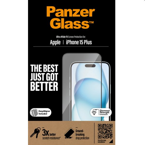 Ochranné sklo PanzerGlass UWF s aplikátorom pre Apple iPhone 15 Plus, čierna