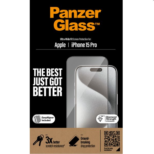 Ochranné sklo PanzerGlass UWF s aplikátorom pre Apple iPhone 15 Pro, čierne