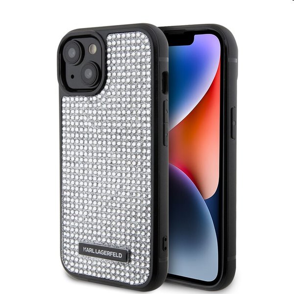 Puzdro Karl Lagerfeld Rhinestone Plate Metal Logo pre Apple iPhone 15, silver