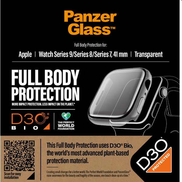 Tvrdené sklo Full Body D3O PanzerGlass pre Apple Watch 9, 8, 7 41 mm, priesvitné 3686