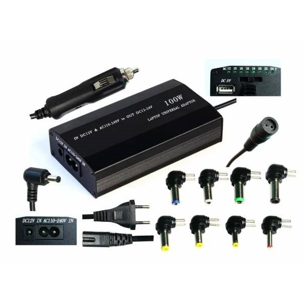 E-shop EUROCASE Napájací univerzálny adaptér 100 W, vstup AC 110-240 V CAR DC 12 V, výstup DC 12-24 V, manual NAEC-YH-4070