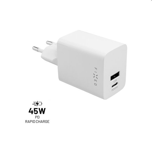 FIXED Mini Sieťová nabíjačka USB-C/USB, 45 W, biela