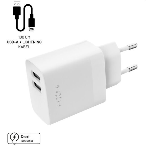 FIXED Set Sieťová nabíjačka 2 x USB a kábel USBLightning 1m MFI, 17W Smart Rapid Charge, biela FIXC45M-CU-WH