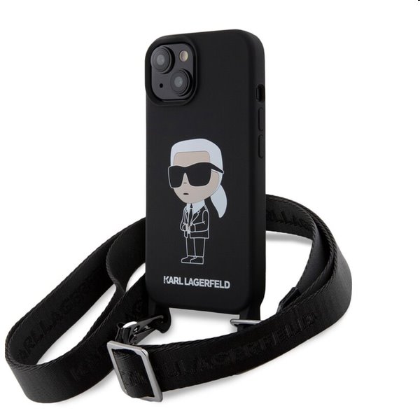 Zadný kryt Karl Lagerfeld Liquid Silicone Crossbody Ikonik s popruhom pre Apple iPhone 15, čierna