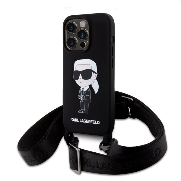 Karl Lagerfeld Liquid Silicone Crossbody Ikonik pre Apple iPhone 15 Pro Max, čierne
