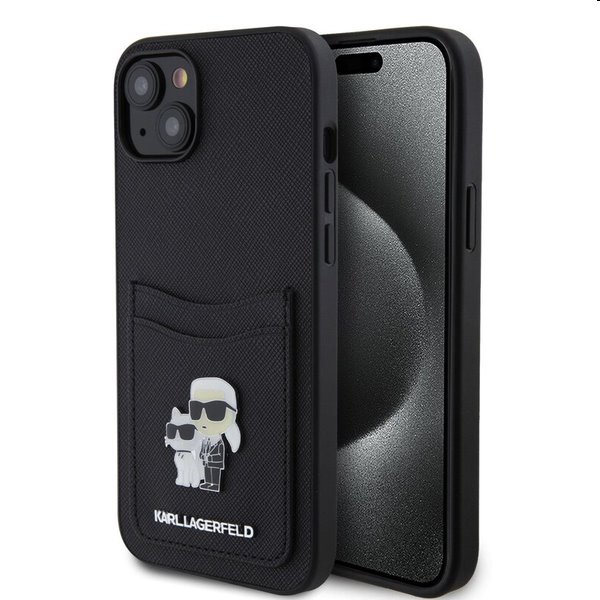 Puzdro Karl Lagerfeld PU Saffiano Card Slot Metal Karl and Choupette pre Apple iPhone 15, čierne