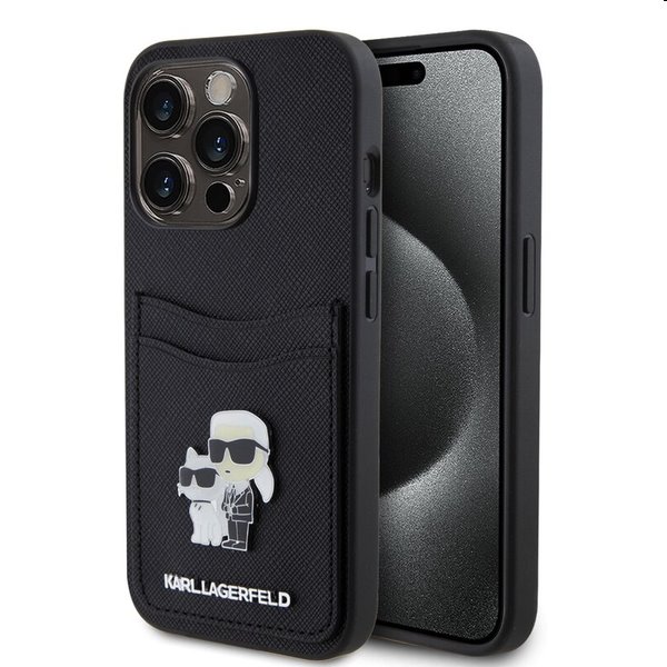 Puzdro Karl Lagerfeld PU Saffiano Card Slot Metal Karl and Choupette pre Apple iPhone 15 Pro Max, čierne