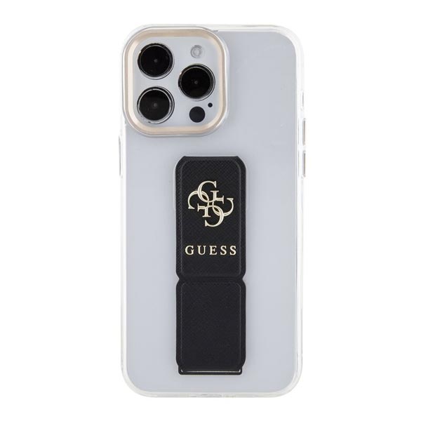 Zadný kryt Guess PU Grip Stand 4G Metal Logo pre iPhone 15 Pro, čierna