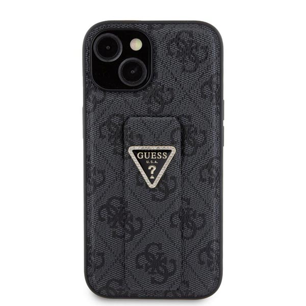 Zadný kryt Guess PU Grip Stand 4G Strass Triangle Metal Logo pre iPhone 15, čierna