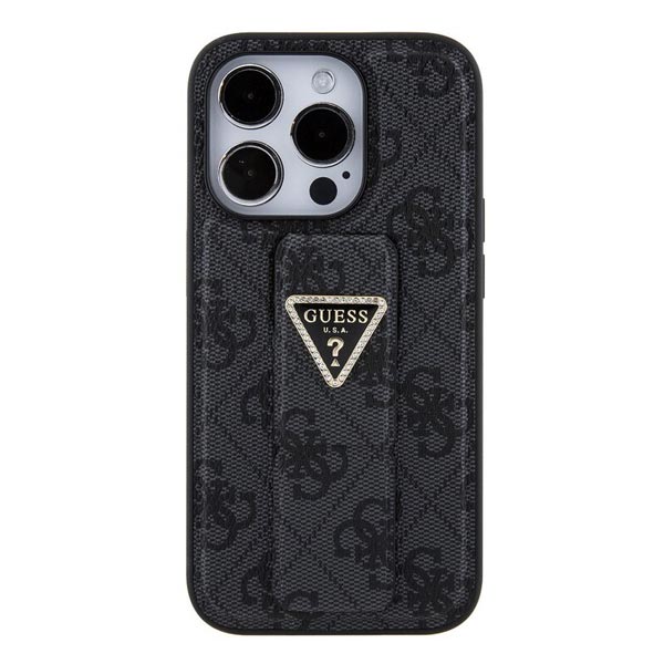 Zadný kryt Guess PU Grip Stand 4G Strass Triangle Metal Logo pre iPhone 15 Pro, čierna