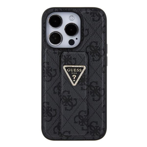 Zadný kryt Guess PU Grip Stand 4G Strass Triangle Metal Logo pre iPhone 15 Pro Max, čierna