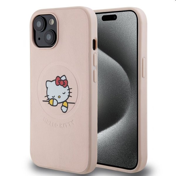 Zadný kryt Hello Kitty PU Kitty Asleep Logo MagSafe pre Apple iPhone 15, ružová