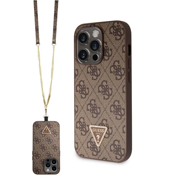 Zadný kryt s popruhom Guess PU 4G Strass Triangle Metal Logo pre iPhone 15 Pro Max, hnedá Zadný kryt s popruhom Guess PU 4G Strass Triangle Metal Logo pre iPhone 15 Pro Max, hnedá