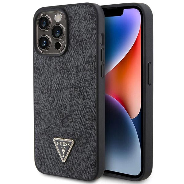 Zadný kryt Guess PU 4G Strass Triangle Metal Logo pre iPhone 15 Pro, čierna