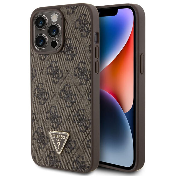 Zadný kryt Guess PU 4G Strass Triangle Metal Logo pre iPhone 15 Pro Max, hnedá