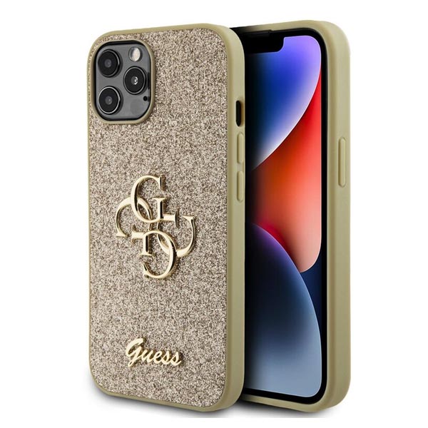 Zadný Kryt Guess PU Fixed Glitter 4G Metal Logo pre iPhone 12/12 Pro, zlatá