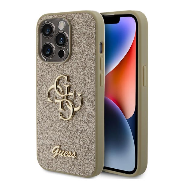 Zadný Kryt Guess PU Fixed Glitter 4G Metal Logo pre iPhone 15 Pro, zlatá