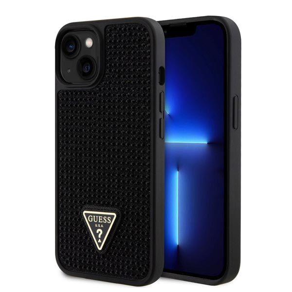 Zadný kryt Guess Rhinestones Triangle Metal Logo pre iPhone 15 Plus, čierna