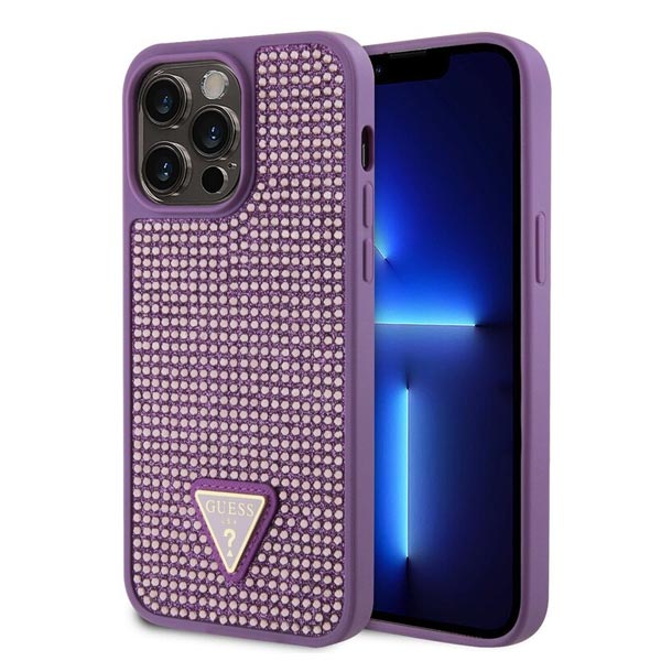 Zadný kryt Guess Rhinestones Triangle Metal Logo pre iPhone 15 Pro Max, fialová